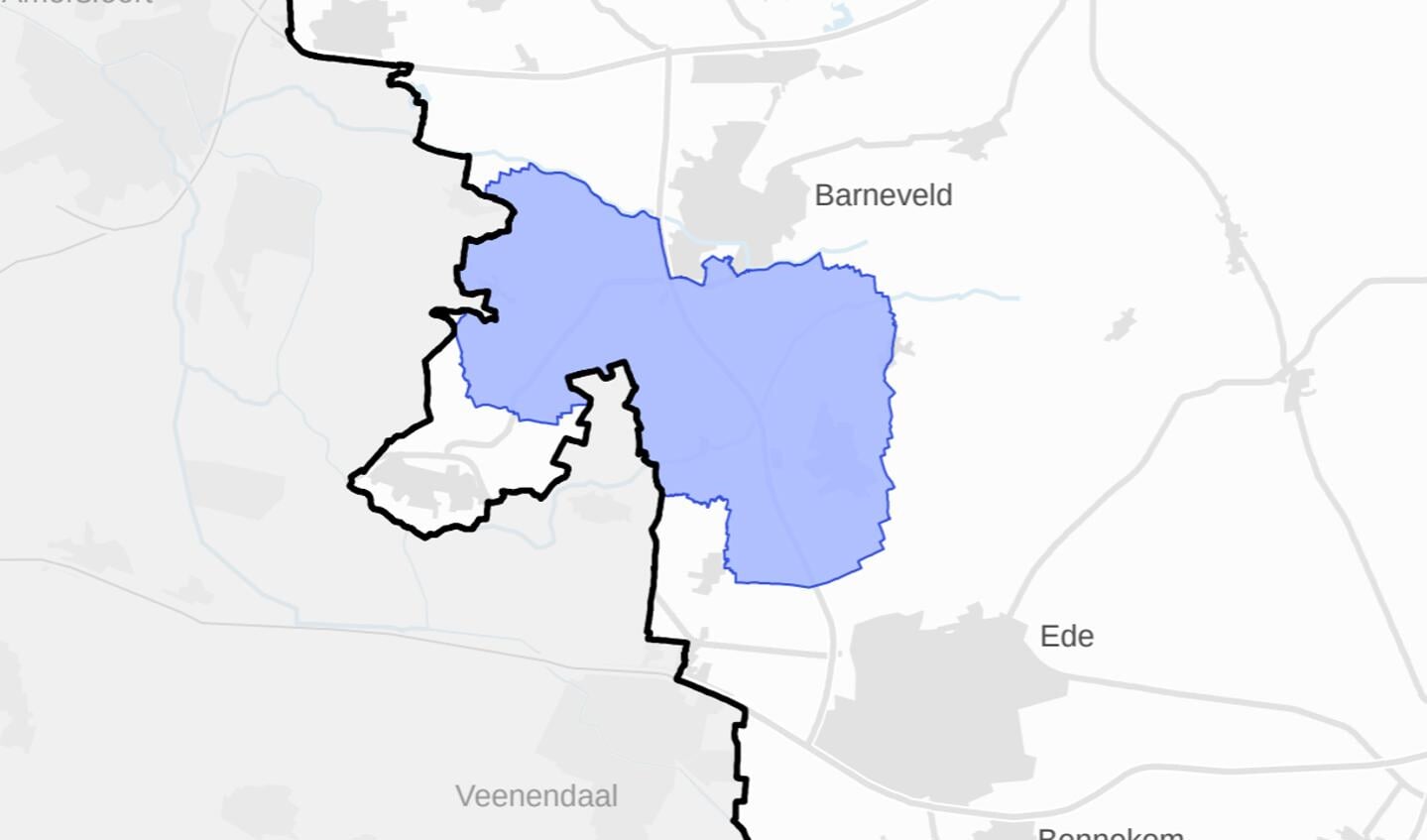 Kaartje van de provincie Gelderland waarop de contouren van het waterwingebied te zien zijn. Leusden ligt pal ten westen van de kern Barneveld.