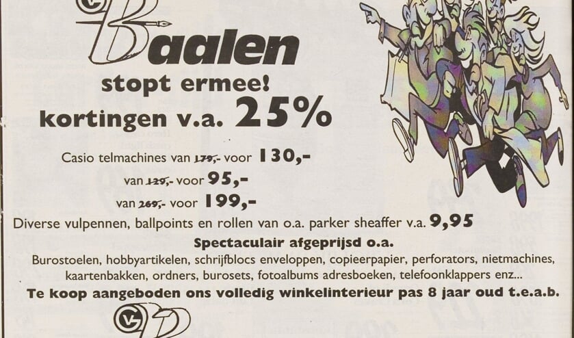 Advertentie uit 1996 waarin ook het winkelinterieur te koop wordt aangeboden