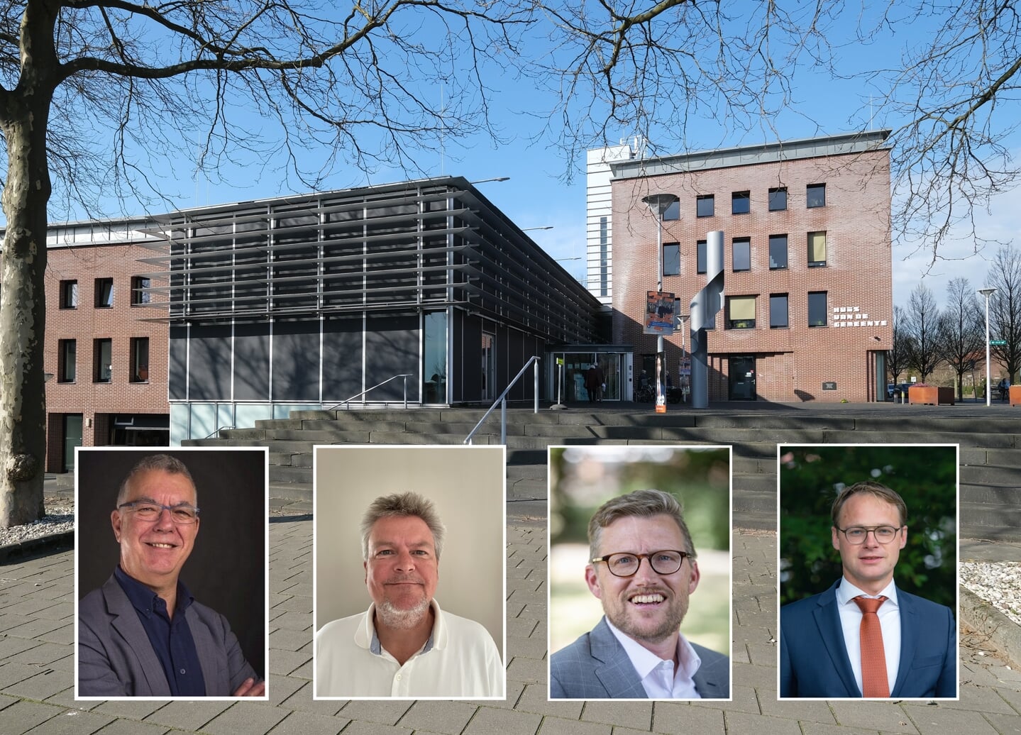 De beoogde wethouders, van links naar rechts Bert Fintelman (CDA), Dick Poortinga (Rhenens Belang), Hans Boerkamp (D66) en Gert van Laar (SGP).