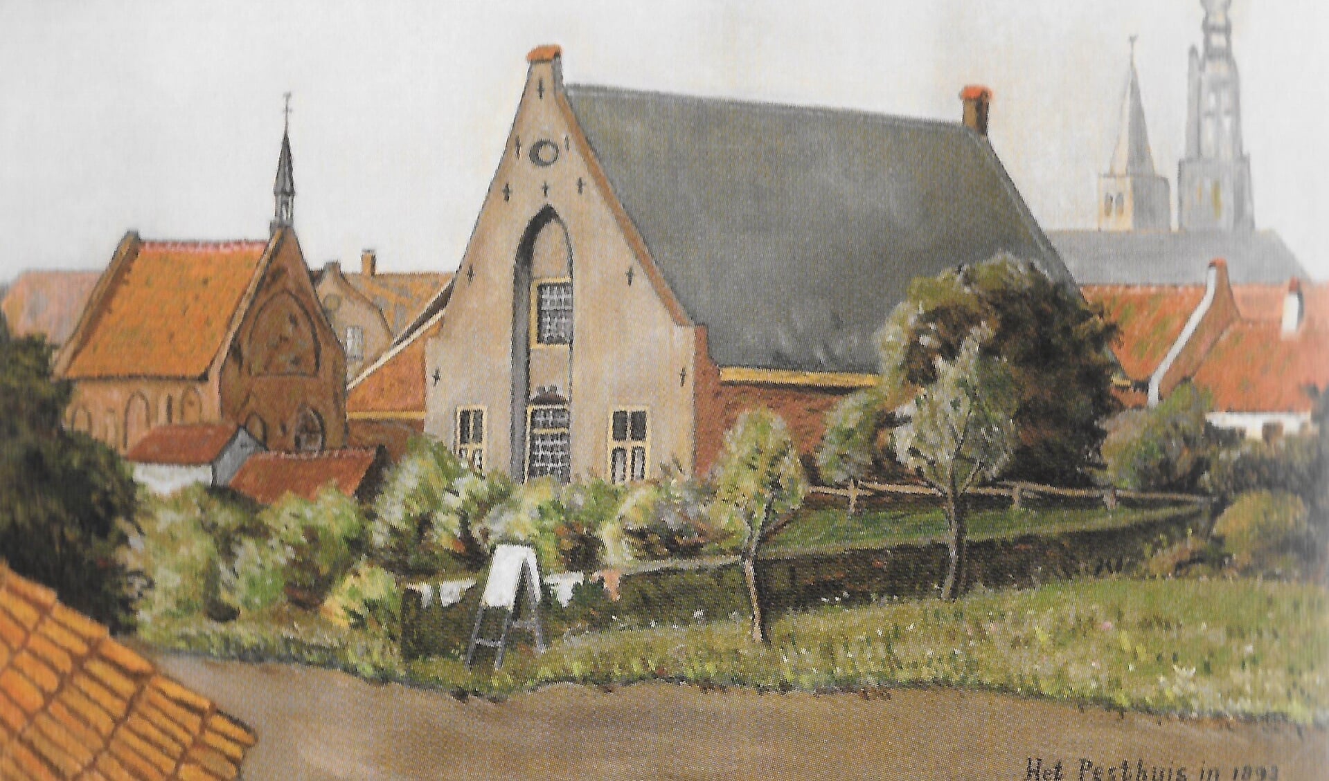 Het pesthuis, kort voor de afbraak in 1893. Links de nog bestaande Sint Rochuskapel. 