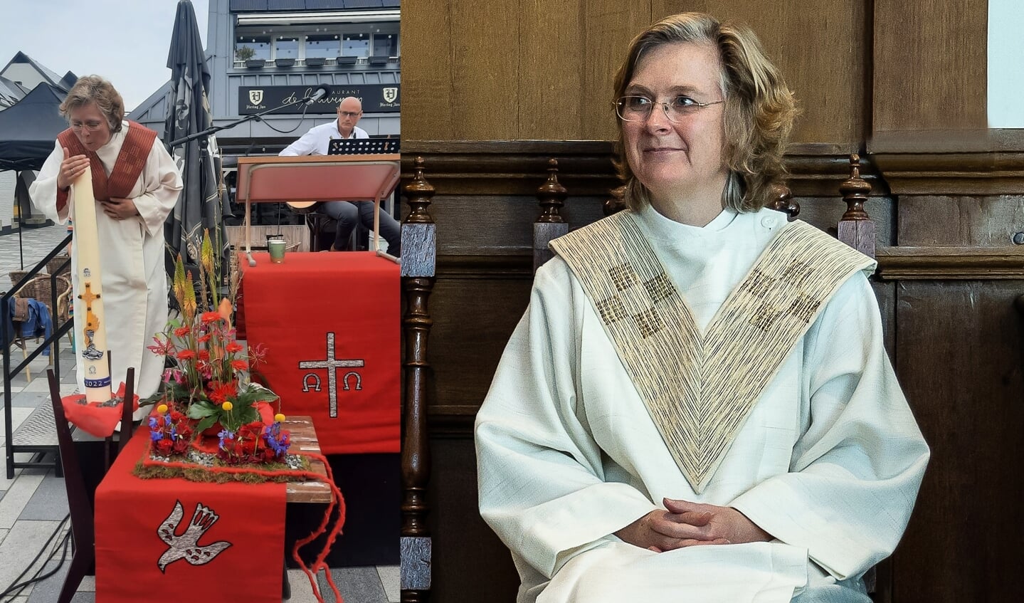 Bij de Pinksterviering (foto links) blaast Antoinette het Paaslicht uit, symbool dat je het vuur meeneemt en uitdeelt.