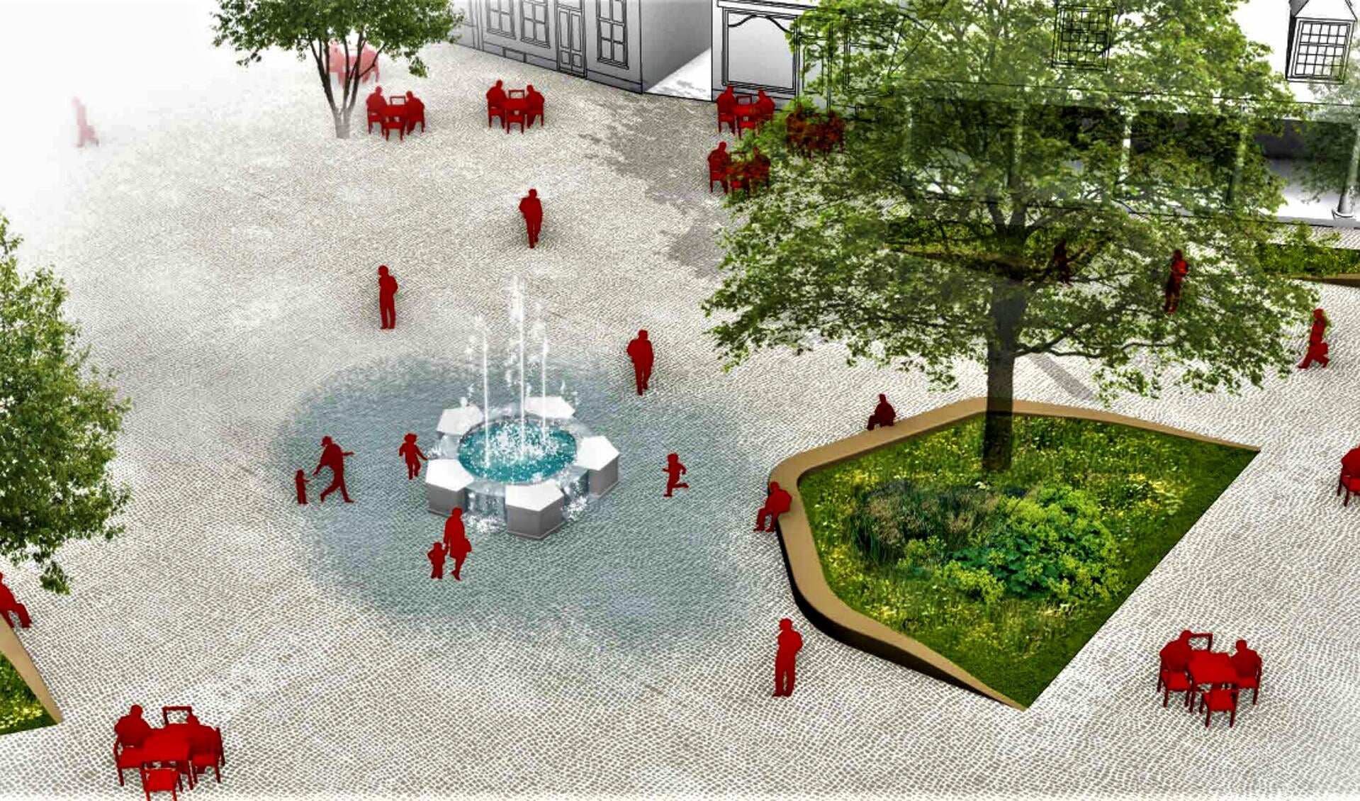 Een artist impression van de Hof in de toekomst: meer groen en een lager fontein. 