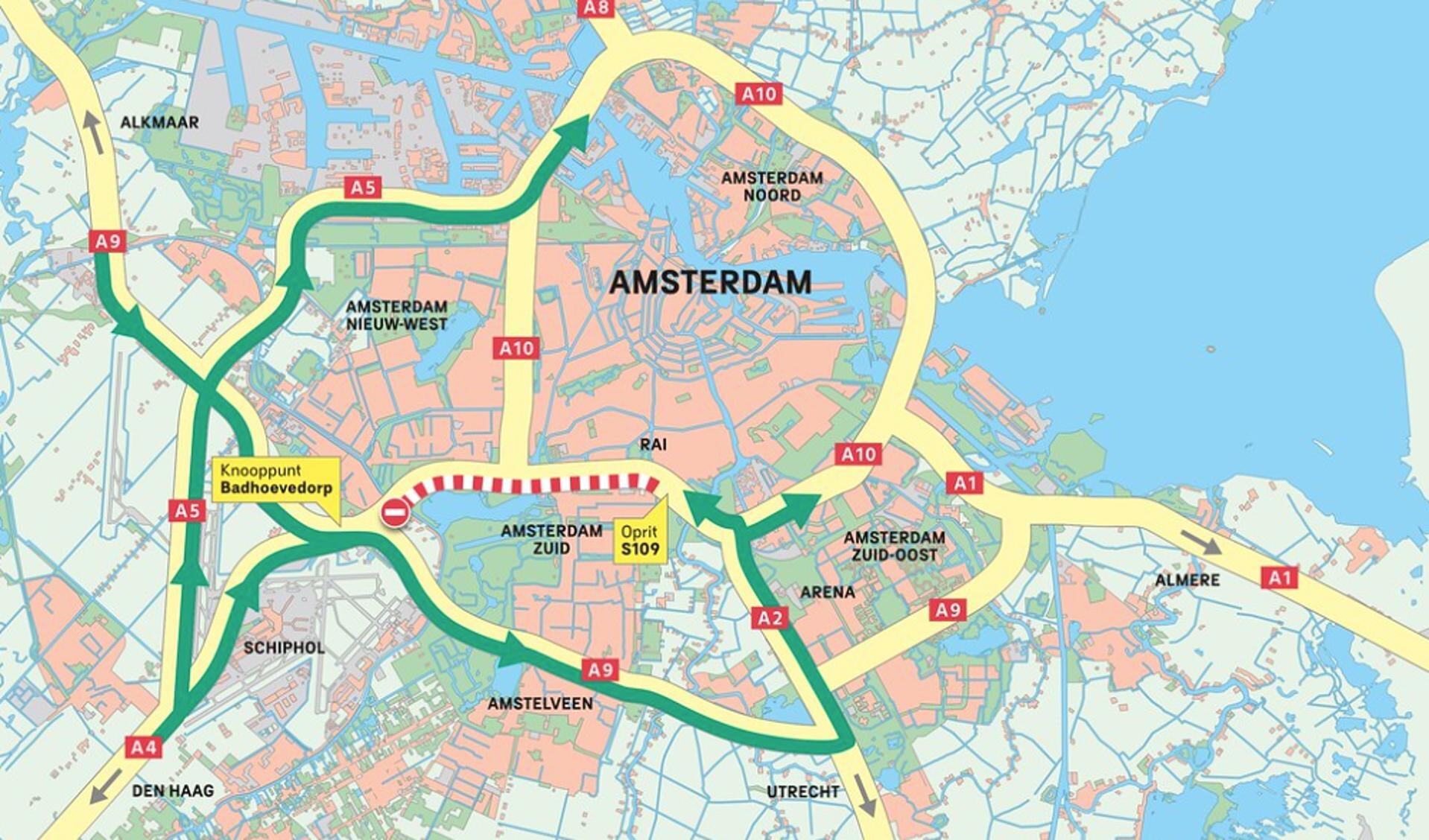 Omleidingsroutes rond Amstelveen en Amsterdam. 