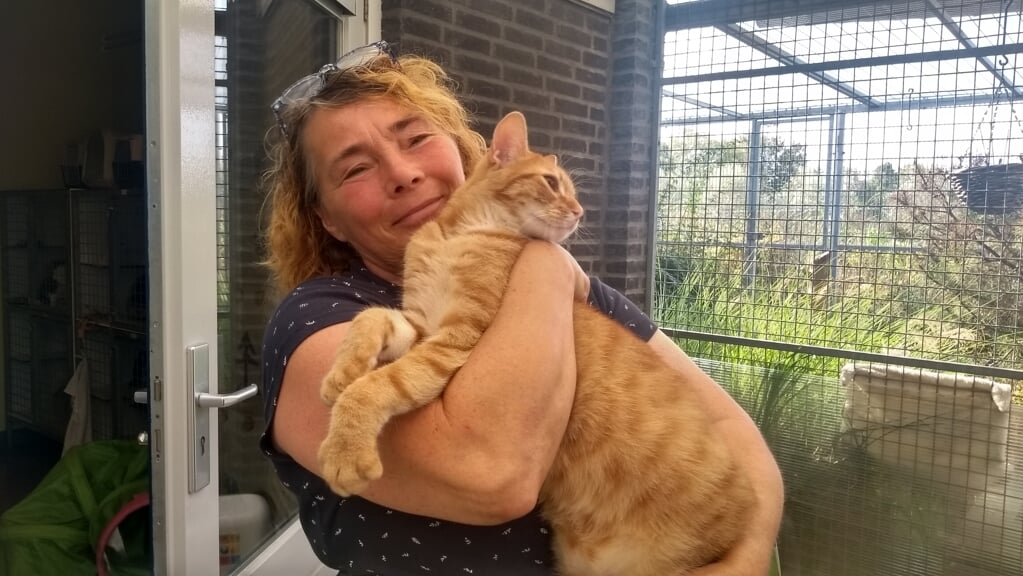Cora Rikkelman met één van de vele katten uit haar dierenasiel