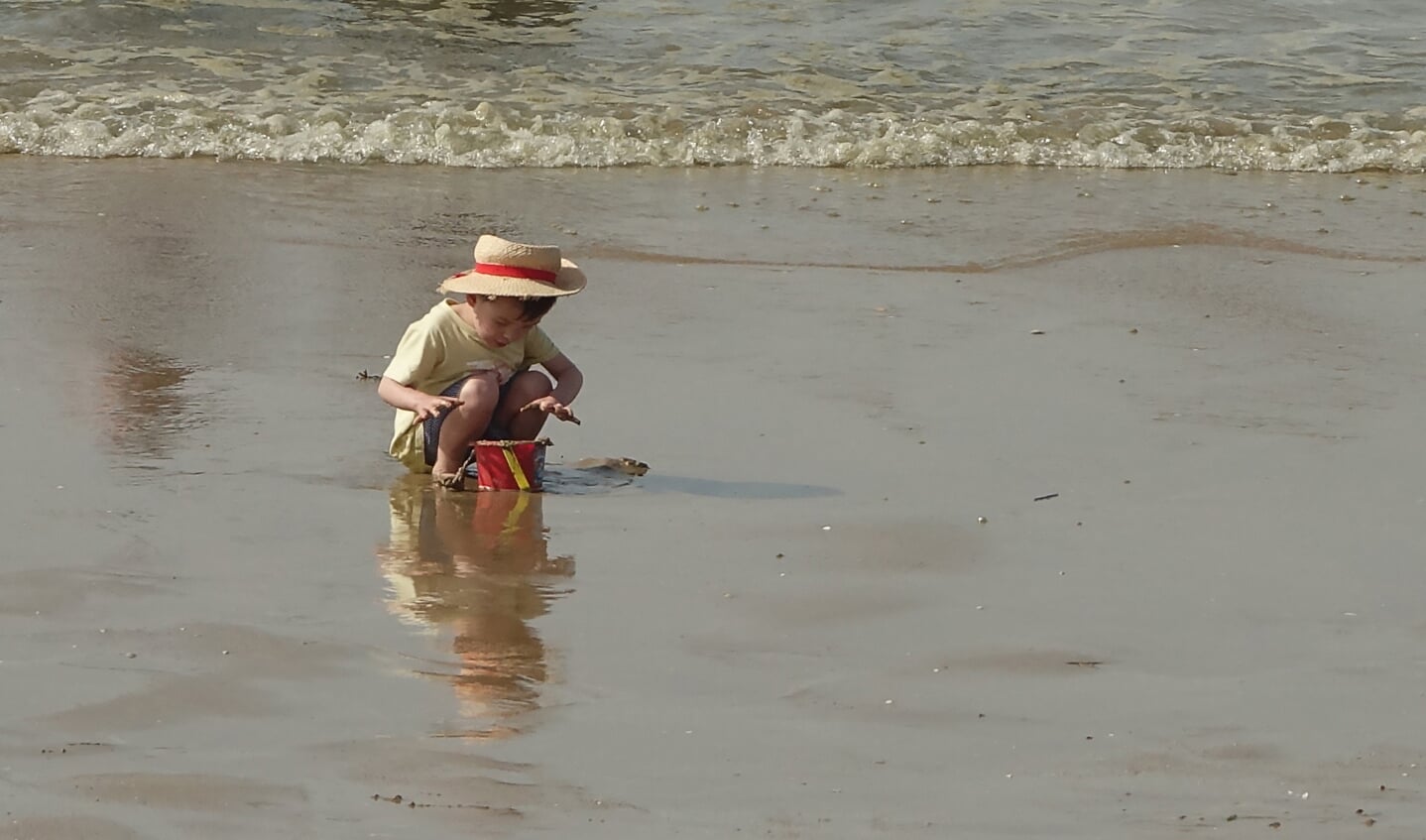 ,,De foto heb ik 2 maande geleden gemaakt op het strand van Cabourg in Frankrijk. Tijden lang was deze jongen geconcentreerd aan de vloedlijn met zand aan het spelen. Zijn wereld bestond alleen uit het emmertje en het zeewater en was zo gefascineerd mee bezig dat al het rumoer om hem heen hem totaal niet bereikte.