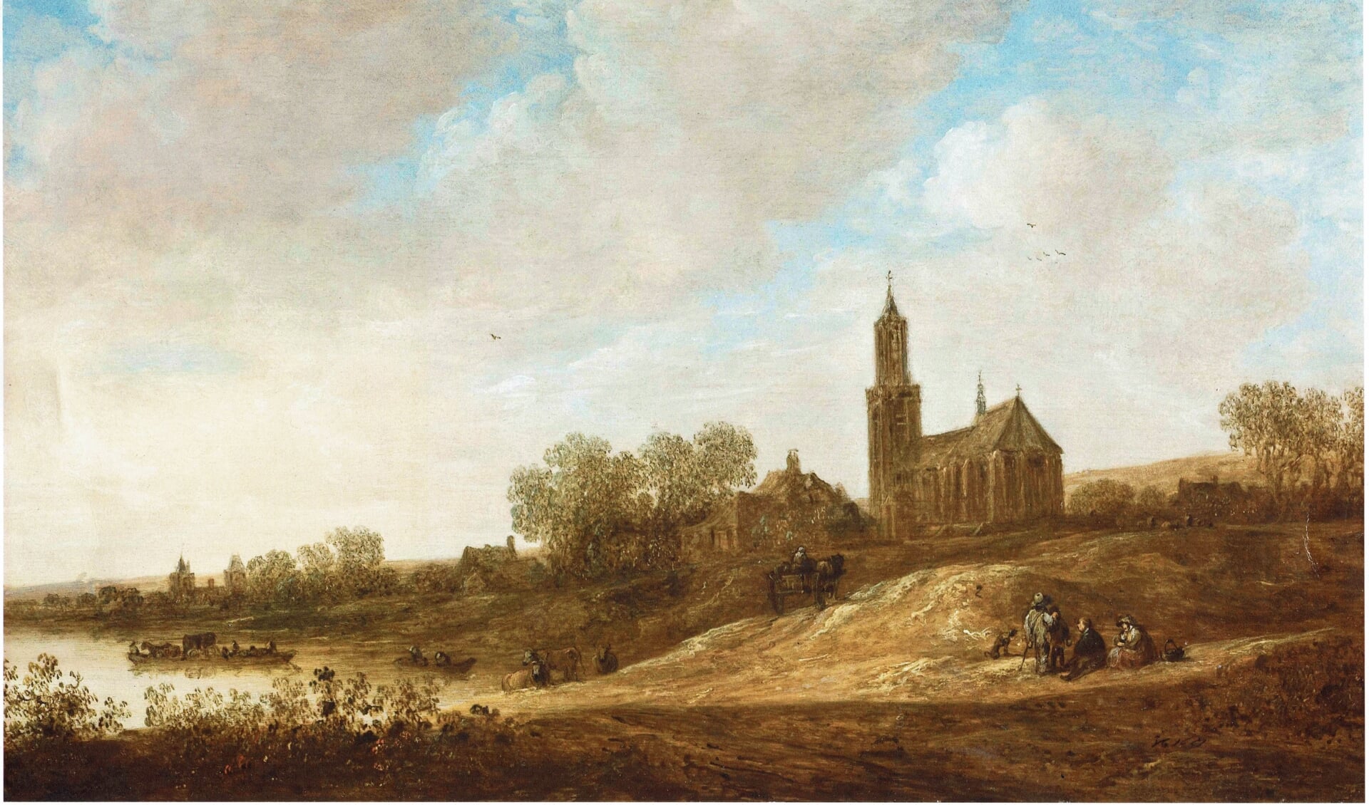 Jan van Goyen (Leiden 1596-Den Haag 1656): Kerk van Amerongen met veer, en enkele huizen op de oever. Gedateerd en gesigneerd 1651.