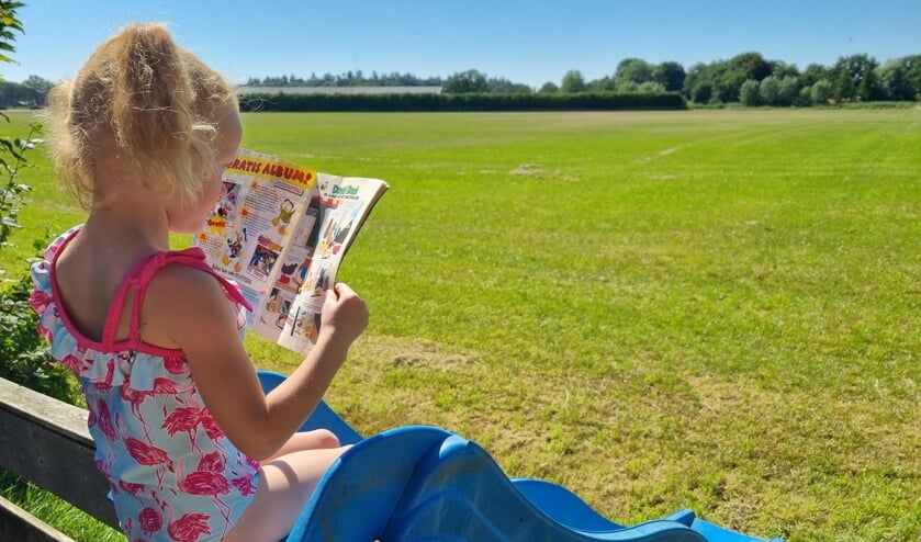 ,,Op de foto zie je onze dochter Marit die een Donald Duck aan het lezen is op de glijbaan over de sloot achter ons huis in Scherpenzeel. Een prima bezigheid in deze hittegolf!'' Ingestuurd door Wendy van Driesten.