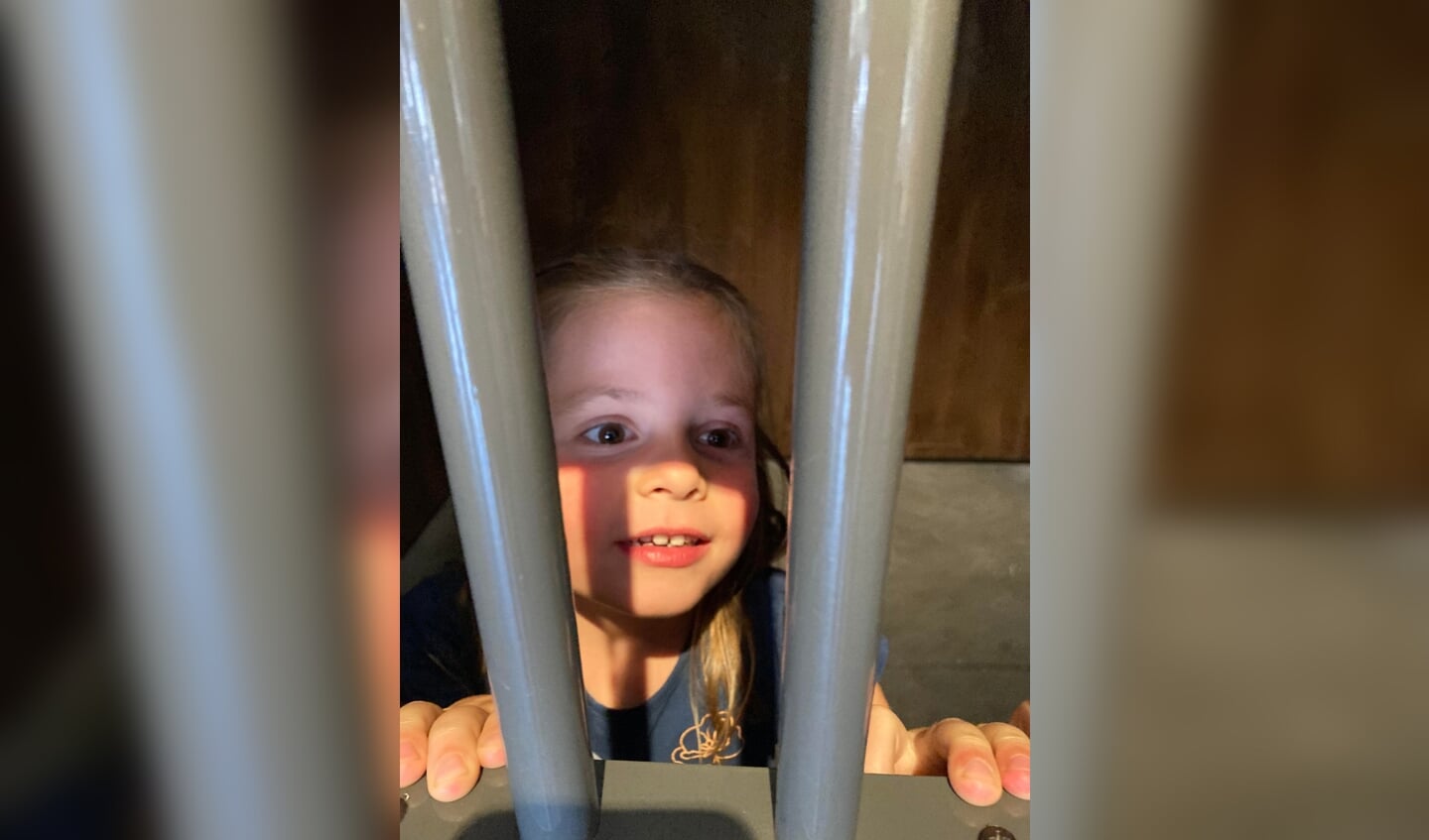 ,,Deze foto is gemaakt in het Gevangenismuseum in Venhuizen. Op de foto zie je de vierjarige Dieke Bijl achter de tralies'', laat haar opa Ruud Gerritsen uit Scherpenzeel weten.