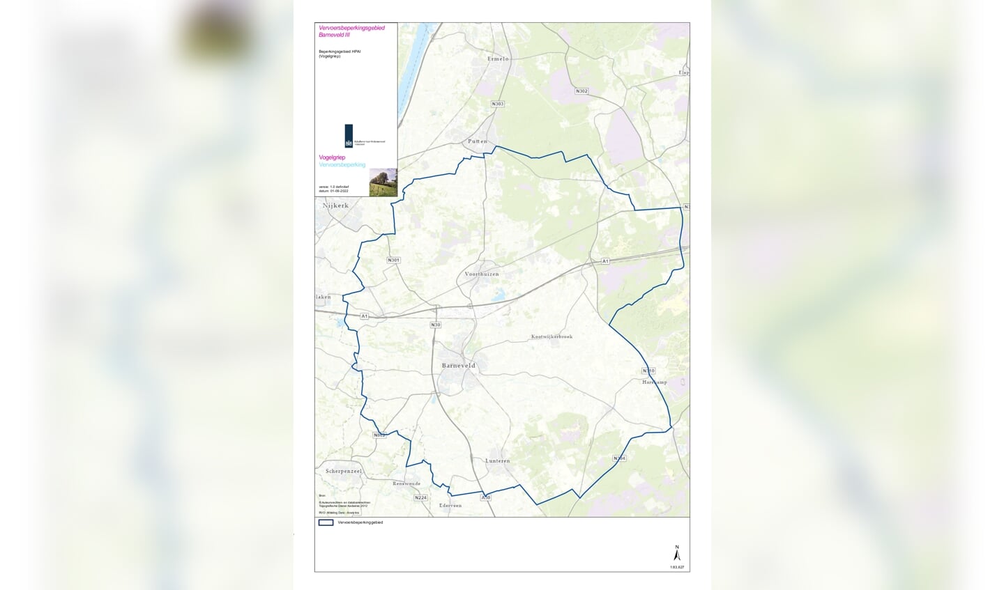 De 10-kilometerzone rond het getroffen bedrijf in Barneveld.