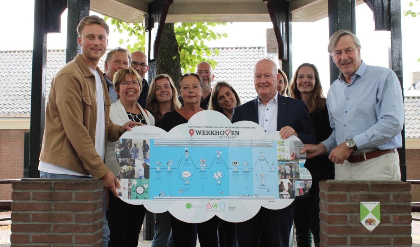 College van burgemeester en wethouders en vertegenwoordigers van de initiatiefgroep Leefbaar en Veilig Werkhoven poseren met de Dromenwolk.
