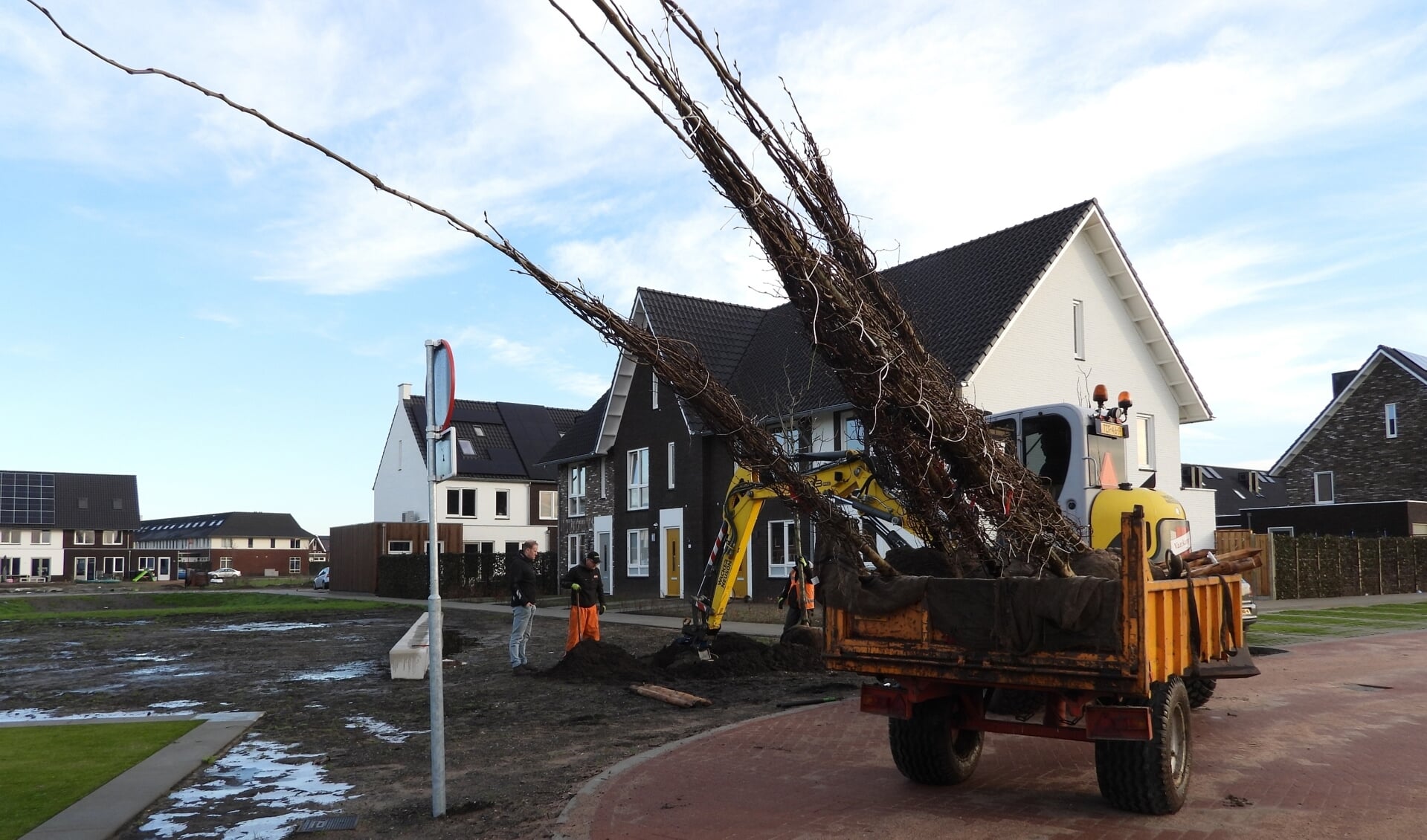 Een plantgat wordt uitgediept voor een notenboom aan de nieuwe straat Boswei in de wijk Woudse Erven in Barneveld-Zuid.