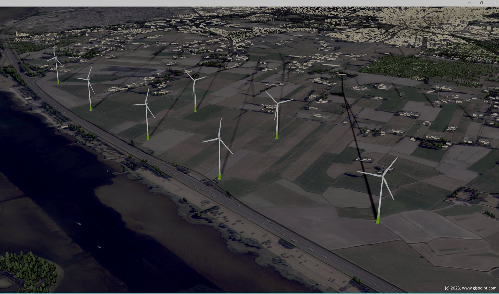 Foto van de slagschaduw van windpark Horst en Telgt. Foto is op ware schaalgrootte.