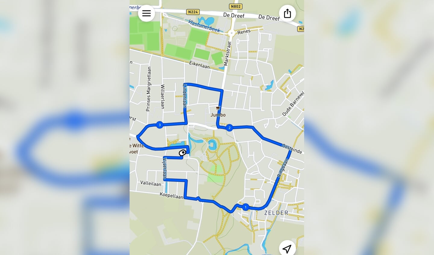 De route die Sinterklaas tijdens de intocht in Scherpenzeel zal afleggen.