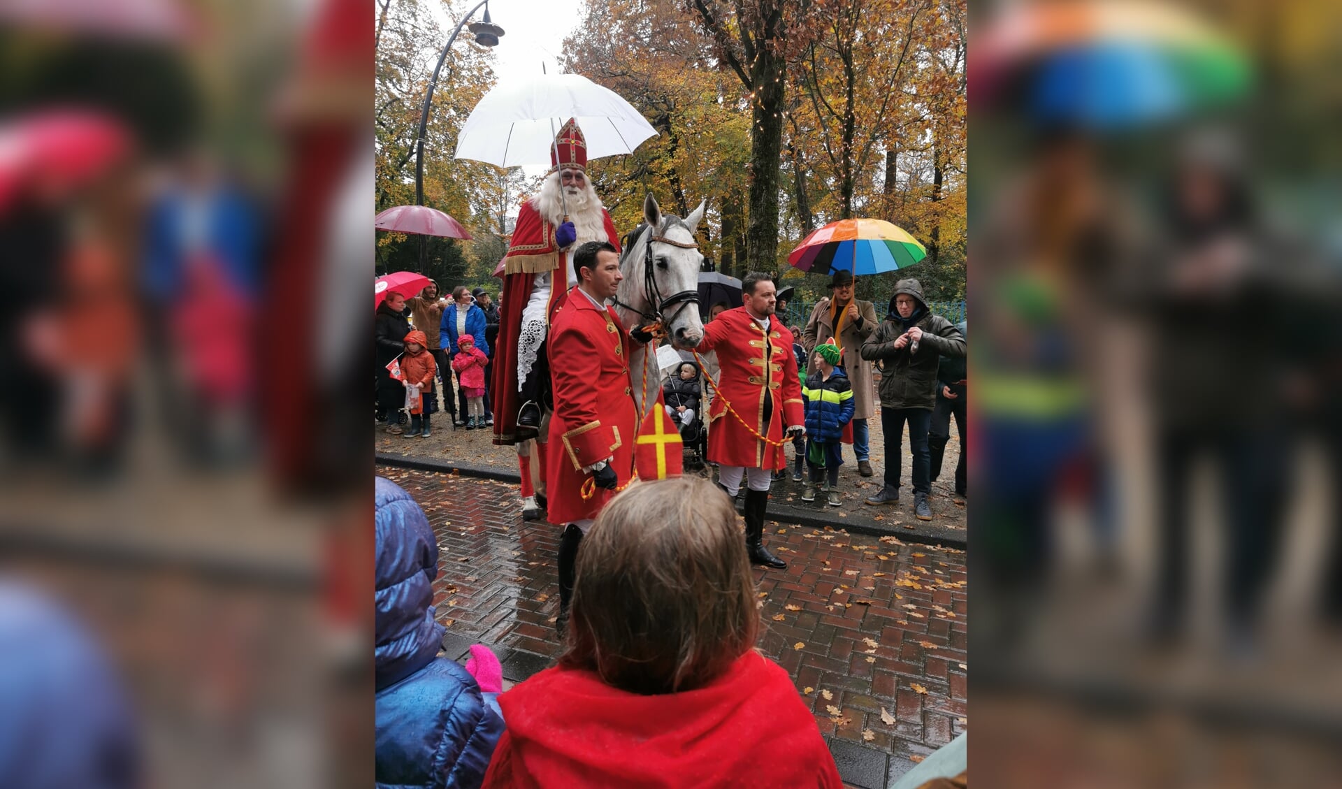 Met paraplu's stonden we te zwaaien naar de Sint op zijn witte paard. We waren nat en koud, maar het was het allemaal waard. 