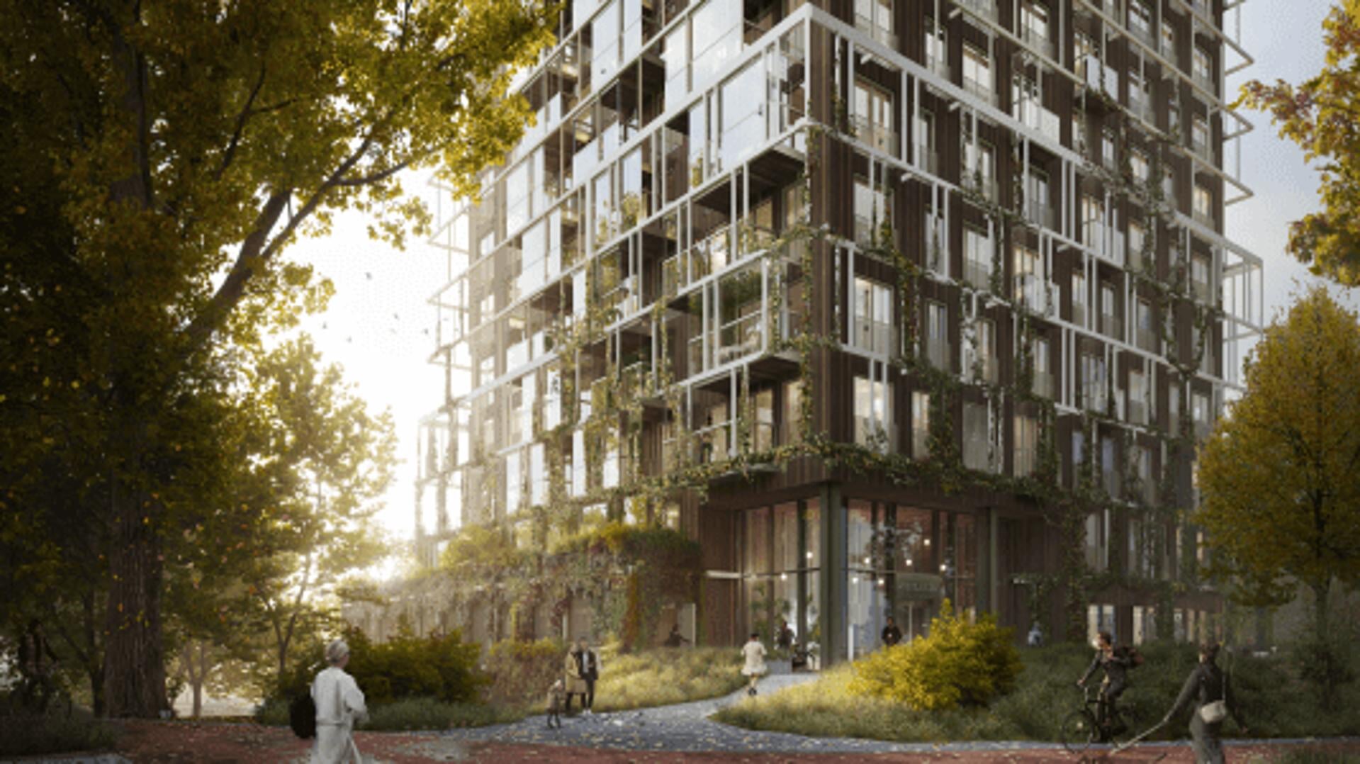 Impressie van de nieuwe woontoren 'Amstelwood'.