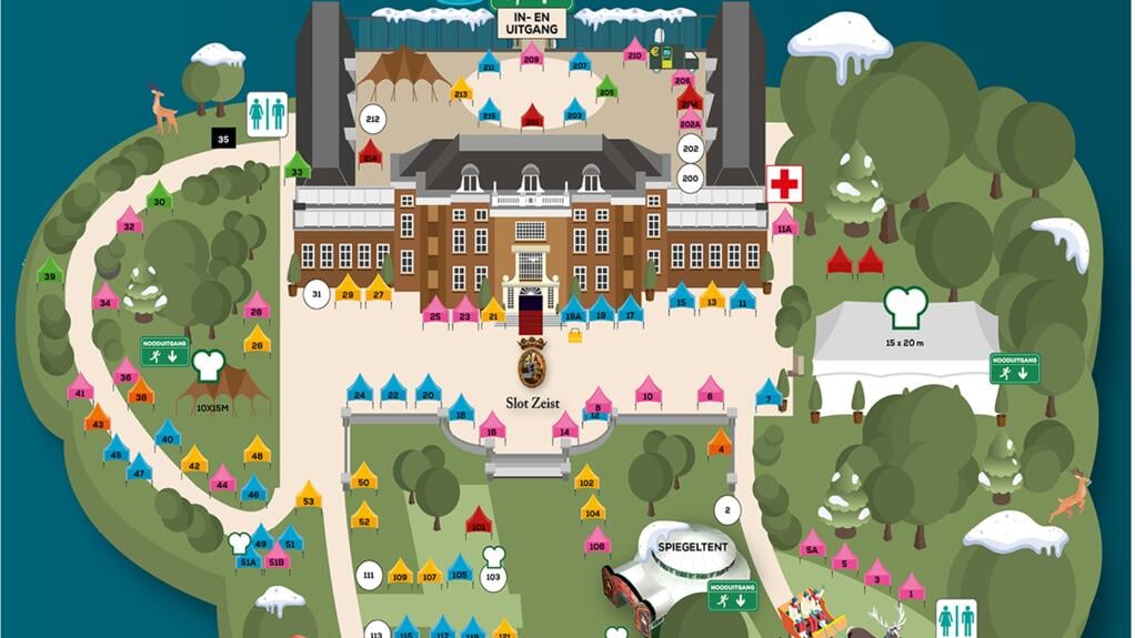 Het hele terrein van Slot Zeist staat eind november vol kramen, stands en tenten voor de 25e Country & Christmas Fair.