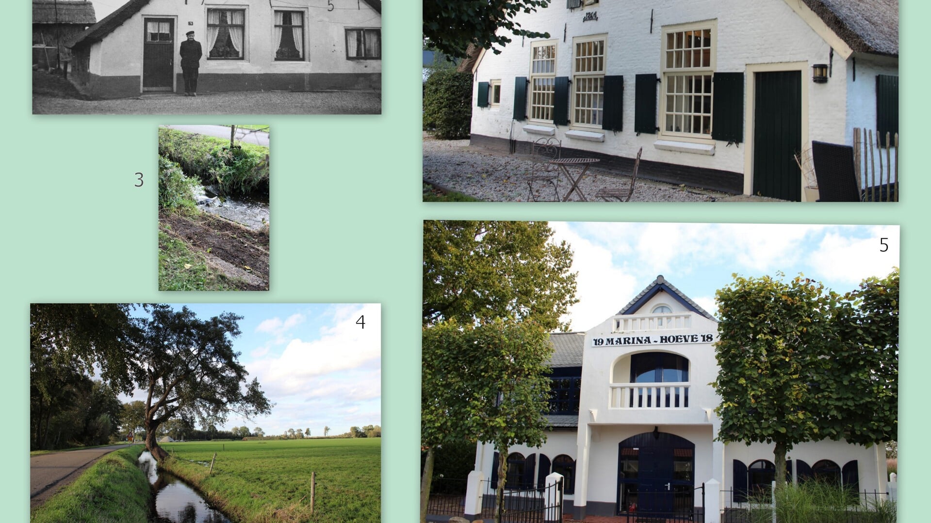Foto 1: Boerderij van 1751 met noon Gart Vos (fotoarchief Bert Holstege), Foto 2: Boerderij van 1864 op nr. 80 met restanten van oude boerderijen uit Hoophuizen, Foto 3: Het Kolkje, Foto 4: Vaak gefotografeerde oude els. Foto 5: Marinahoeve Hoophuizen 1918.