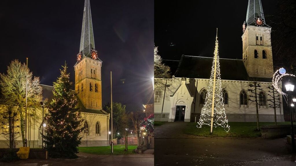 De kerstboom en de vlaggenmast voor de Pauluskerk op de Brink. 