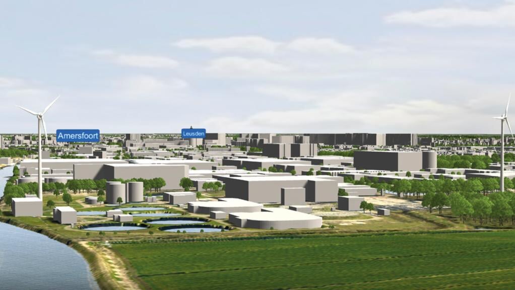 Artist impression van bedrijventerrein Isselt met twee windturbines.