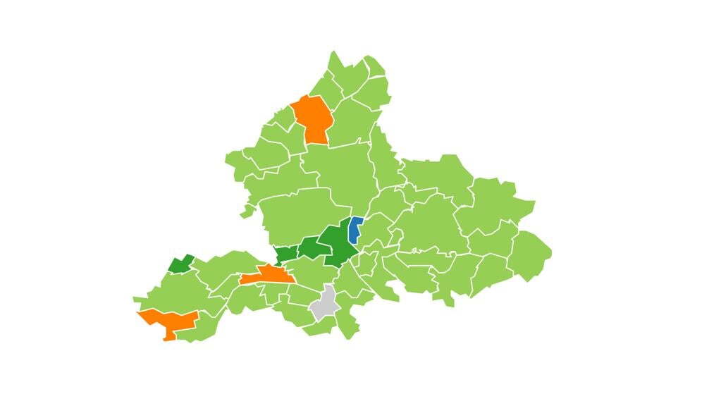 BBB, licht groen, in de meeste gemeenten in Gelderland de grootste.