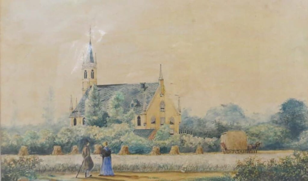 Een oude afbeelding van de Caroluskerk in Soesterberg.