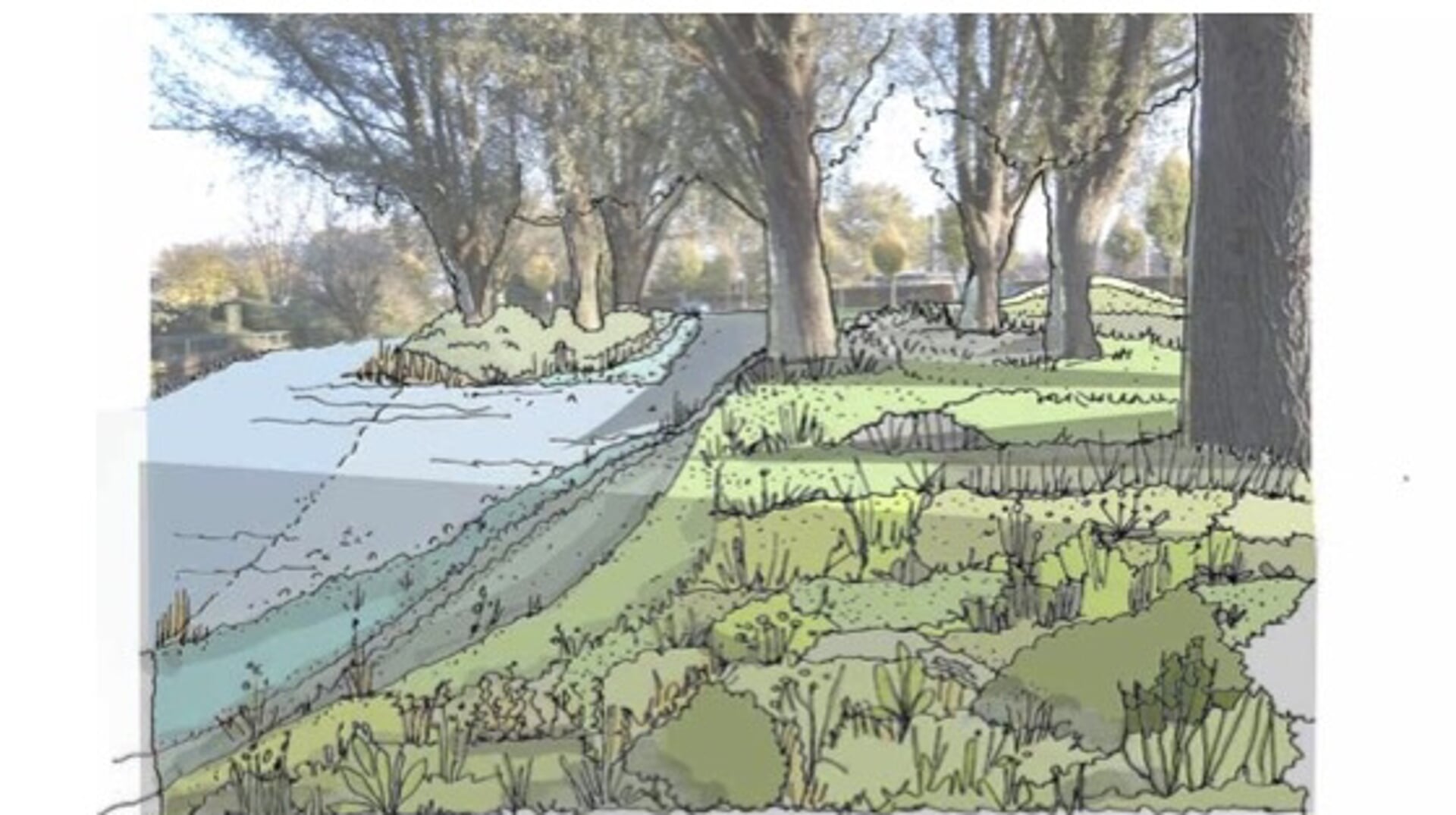Visualisatie van de plannen om de Kromme Rijn in Odijk naar de voorgrond te halen, dit is achter het kinderdagverblijf