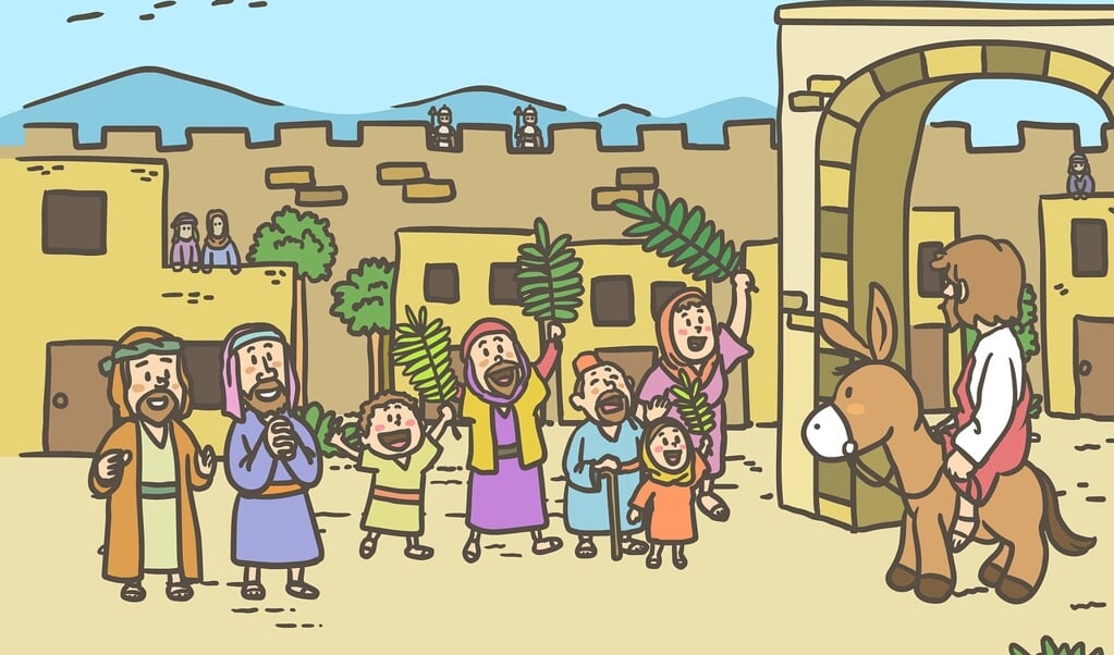 Intocht van Jezus in Jeruzalem. Mensen zwaaien blij met palmtakken.