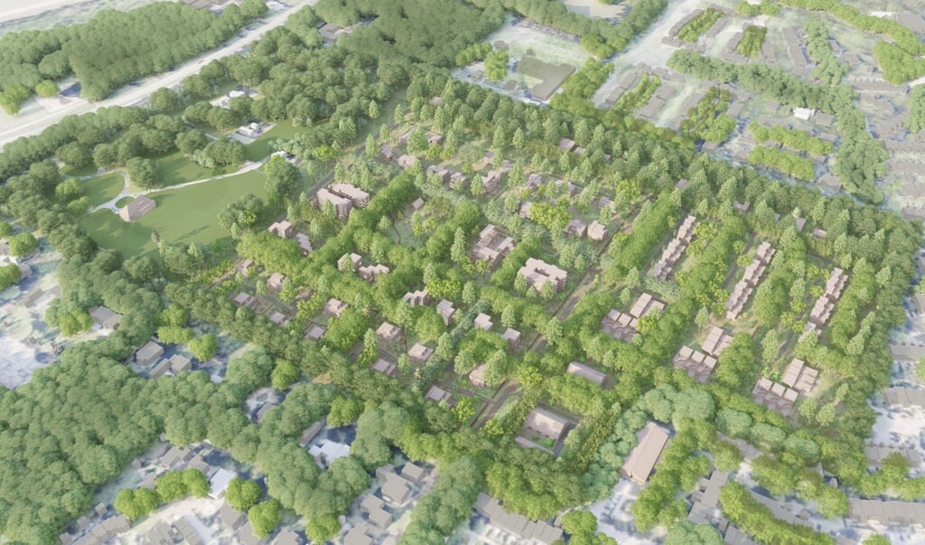Impressie vanuit de lucht van het conceptplan voor de woningbouw op landgoed de Oude Tempel.