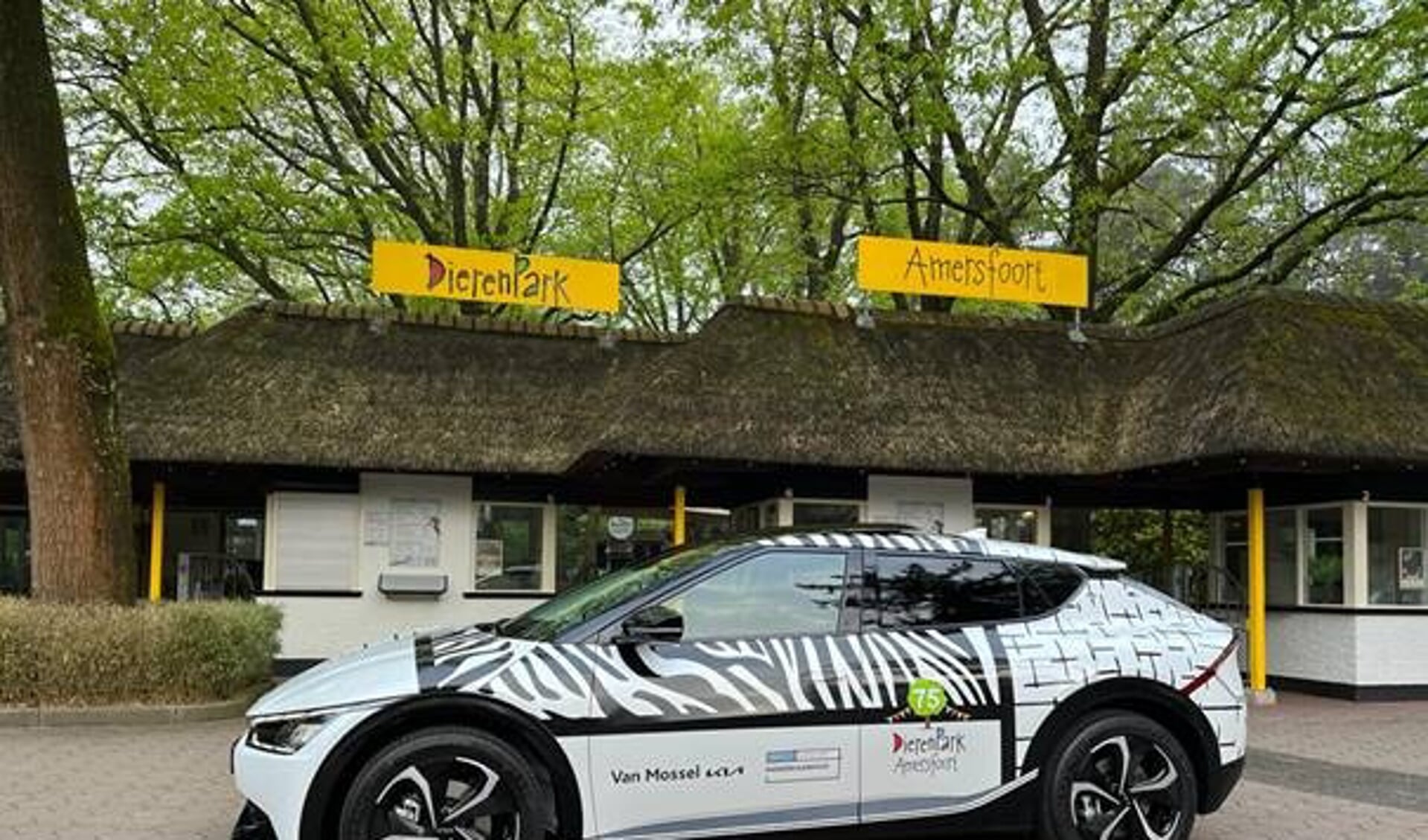 De volledig elektrische Kia EV6, aangekleed in een opvallende 'Mondriaan/Dierenpark' zebrastijl, zal, vanaf vandaag, gedurende het hele jaar te bewonderen zijn.  