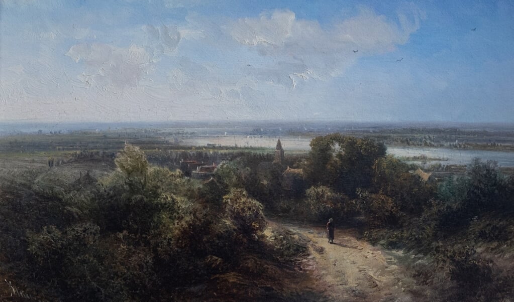 P.L.F. Kluyver; Amsterdam 1816 -1900; Gezicht op de Rijn, vanaf de Westerbouwing in Oosterbeek richting Arnhem.