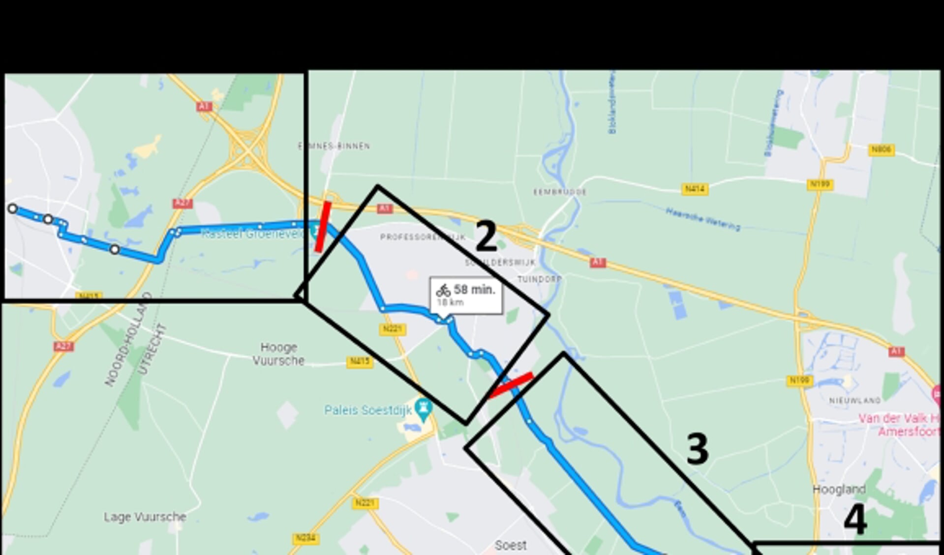 De vier trajecten van de snelfietsroute tussen Hilversum en Amersfoort. 