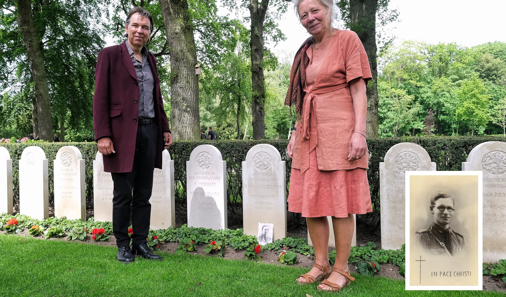 Tom en Jacqelien Pilzecker bezochten op het Ereveld Grebbeberg voor het eerst het graf van hun oudoom.