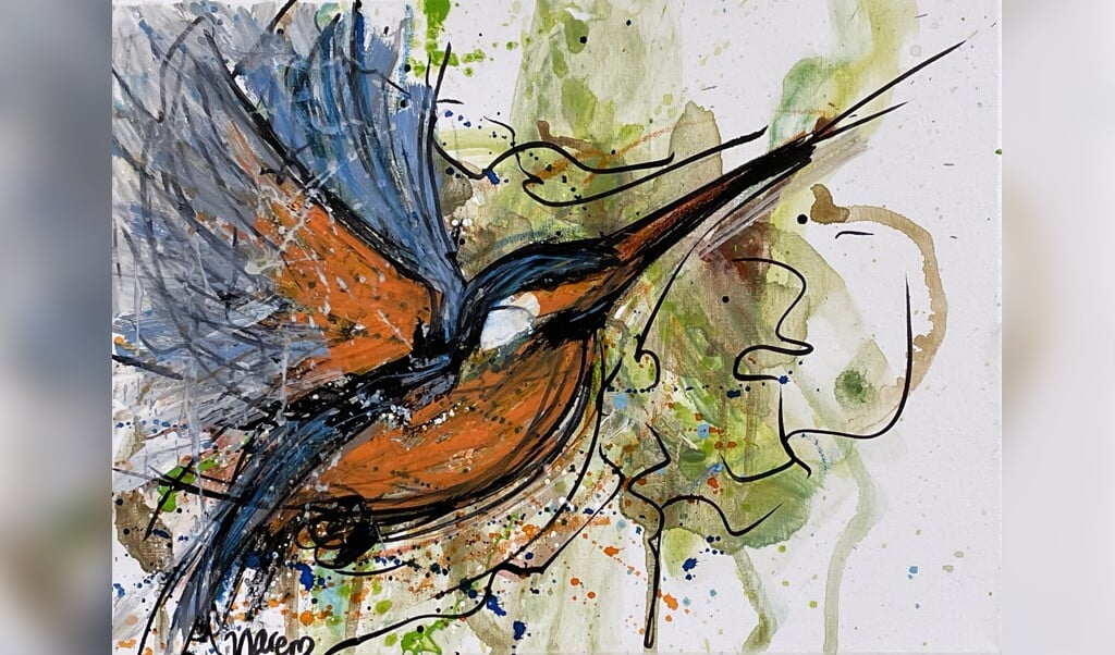 IJsvogel een schilderij in gemengde techniek van Nicolette Arens.