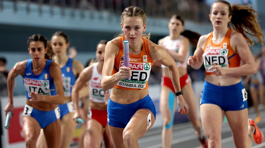 Femke Bol afgelopen maart in Istanboel voor het EK Atletiek.