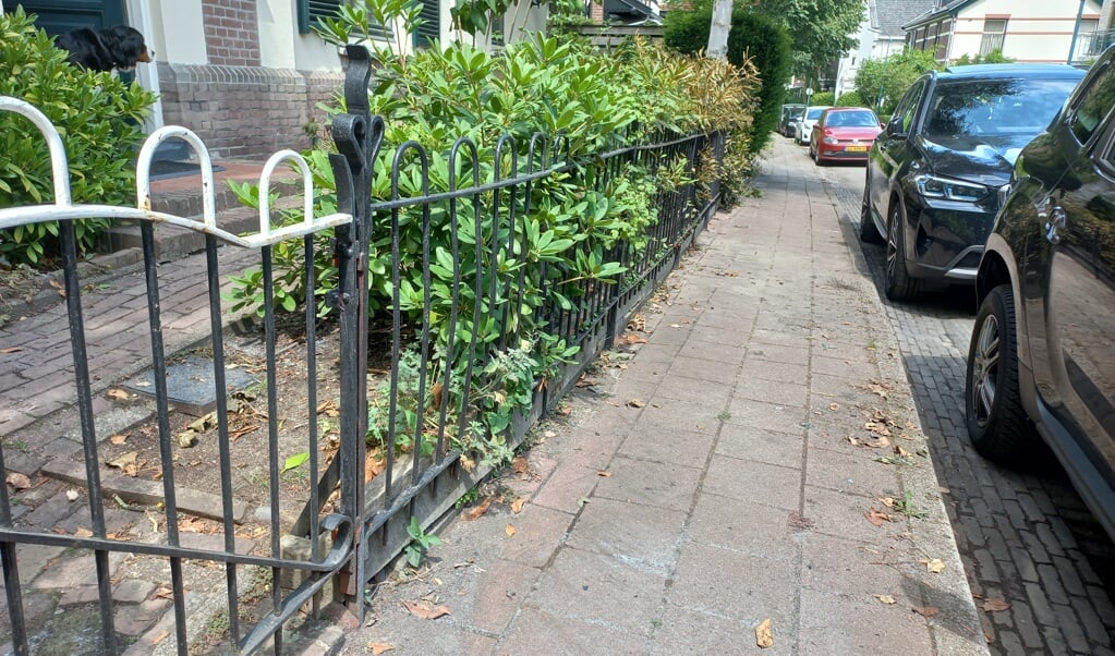 Op het voetgangerspad liggen asresten en glassplinters. De heg is deels verbrand. Inzetfoto: Caspar Huurdeman. 