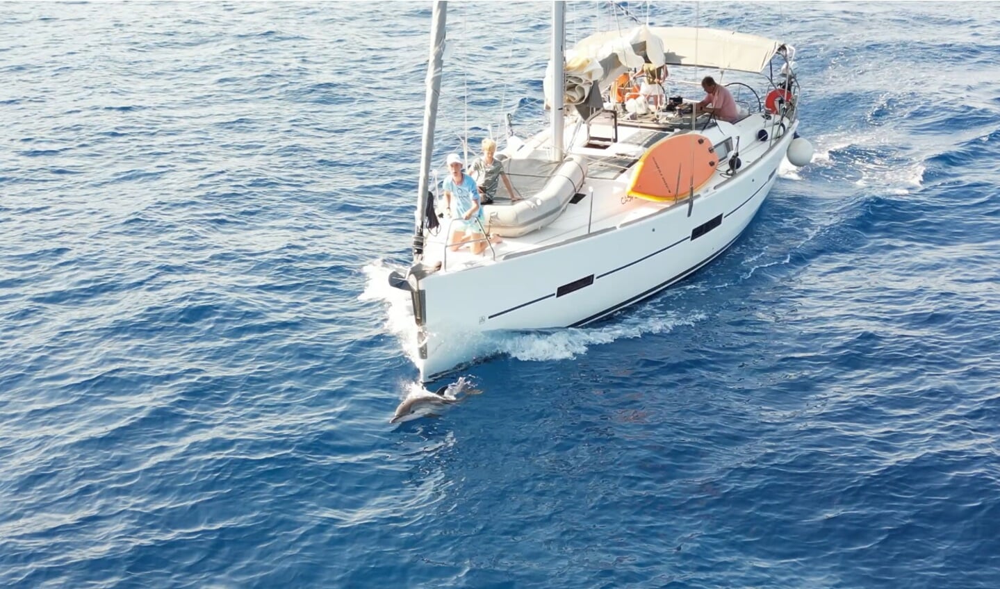 'Een dolfijn voor onze zeilboot in de buurt van Monemvasia in Griekenland, gefilmd met de drone vanaf de zeilboot.'