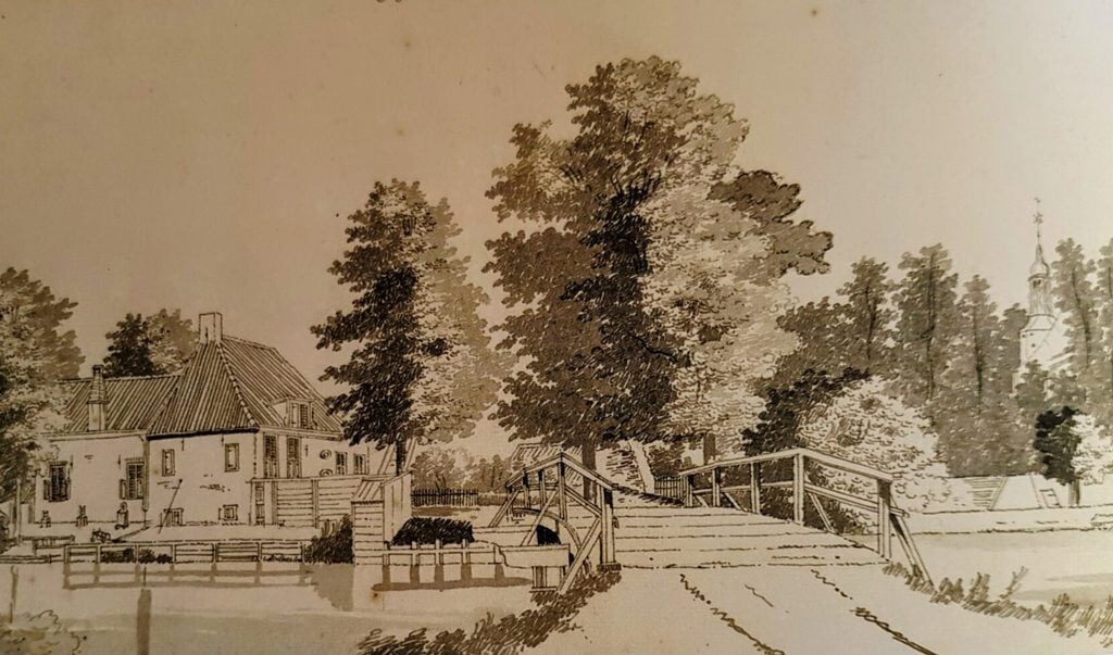 Een oude tekening van de oorspronkelijke Tolhuisbrug, waarvandaan je zondag met de boot naar Kasteel Cammigha kunt varen. 
