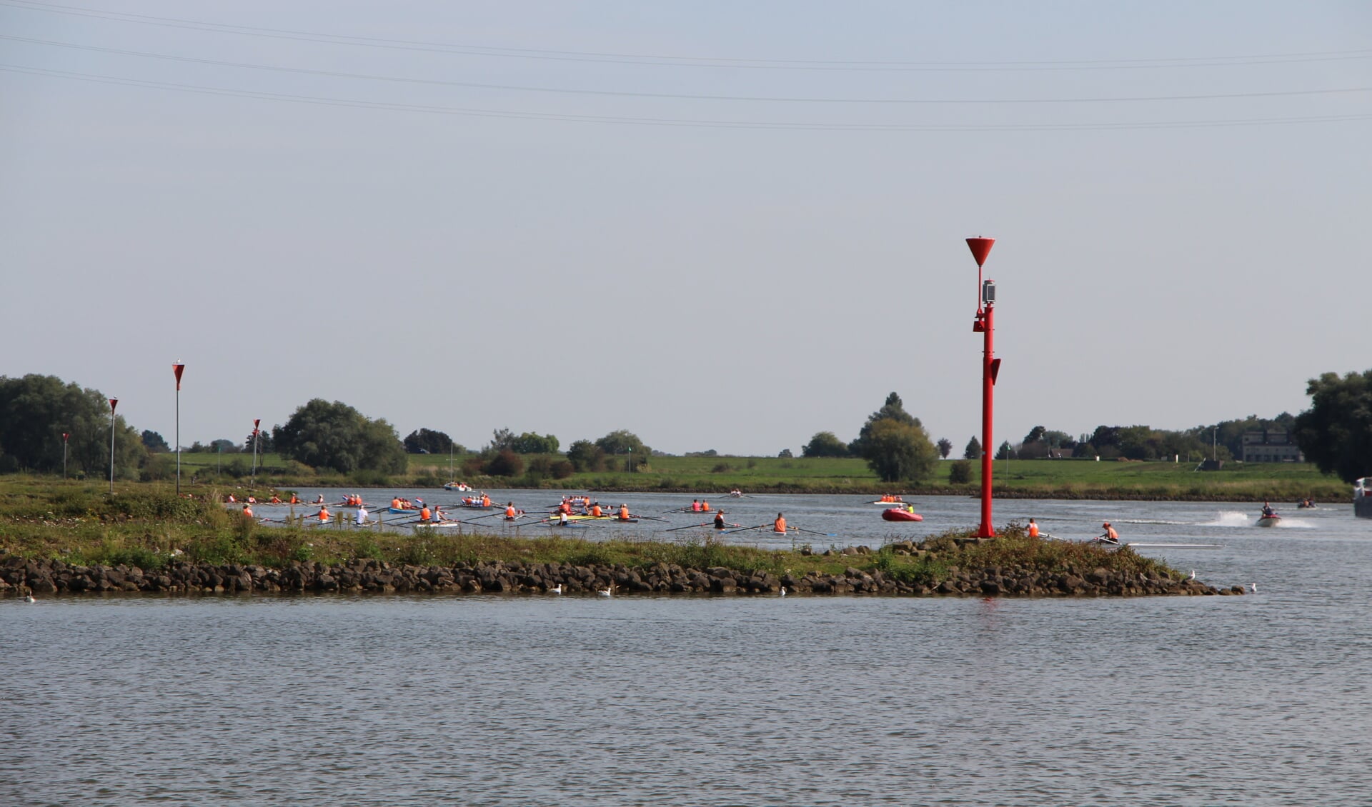 De verzameling roeiboten op de Rijn. 