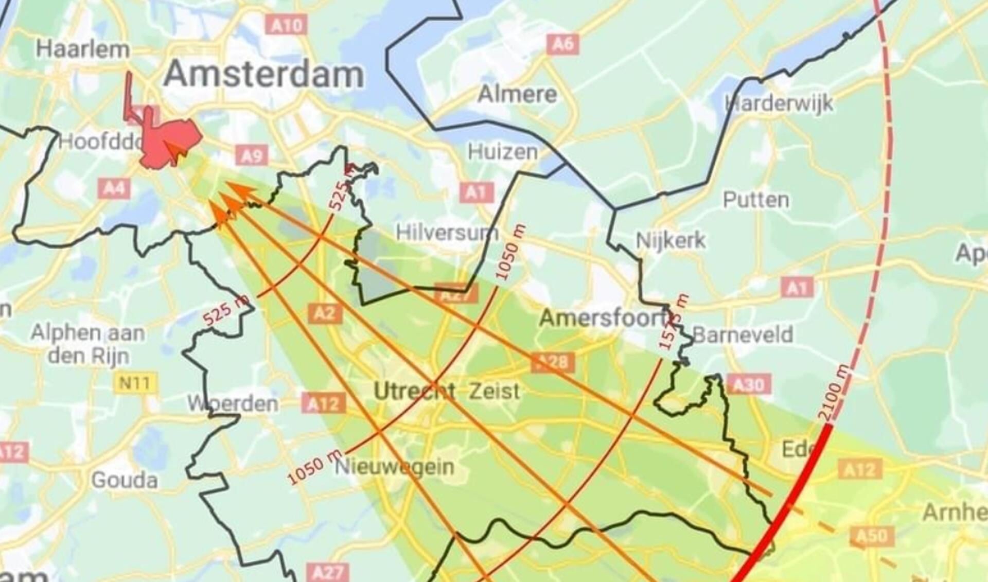 Plattegrond met de verwachte overlast van vliegtuigen, van en naar Schiphol.