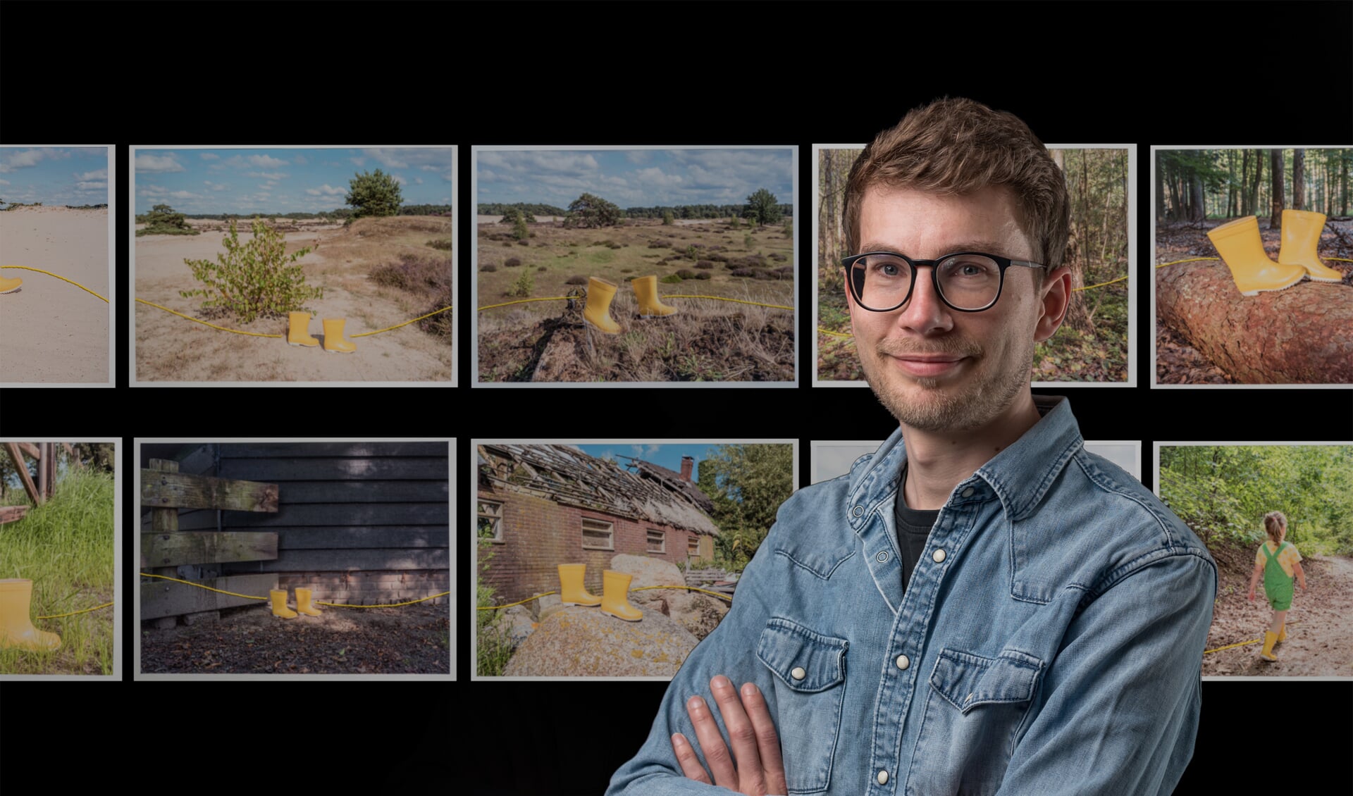 Jelte van Geest bij enkele van zijn foto's.