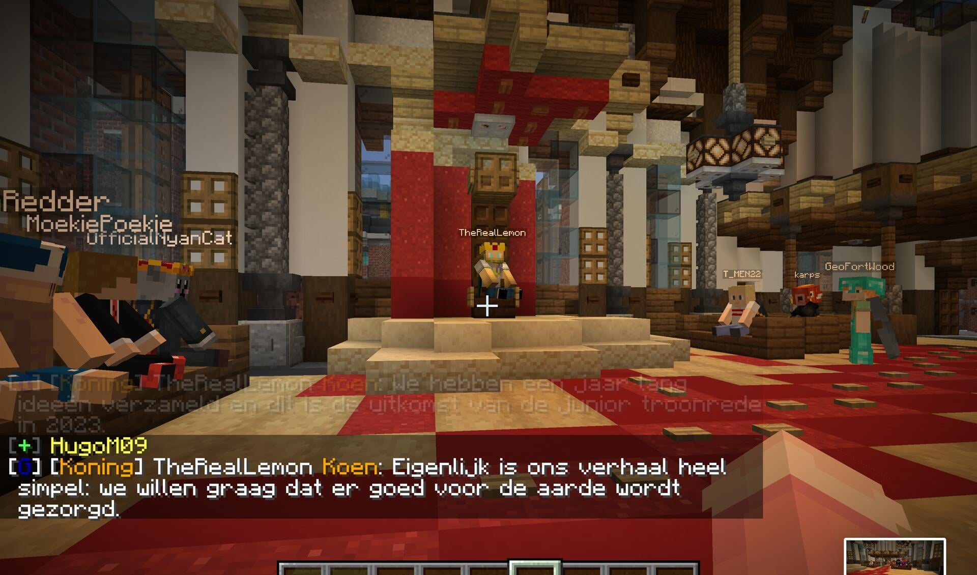 Koning Koen van de Minecraft community GeoCraftNL heeft de Junior Troonrede uitgesproken in de virtuele versie van de Minecraft Ridderzaal.