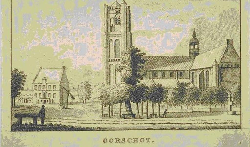Kerk en raadhuis van Oirschot rond 1735.