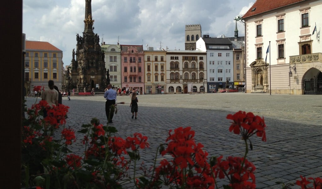 Het centrale plein in Olomouc met bekende fontein en rechts het stadhuis. 