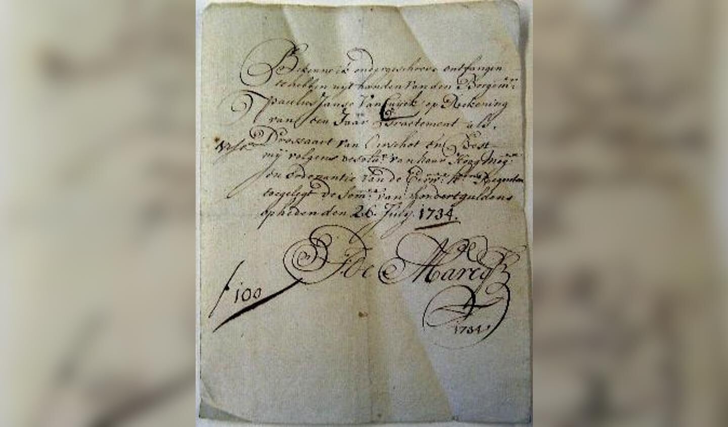 Kwitantie uit 1834 ondertekend door de in 1835 vermoorde drossaard mr. Jean de Marcq.