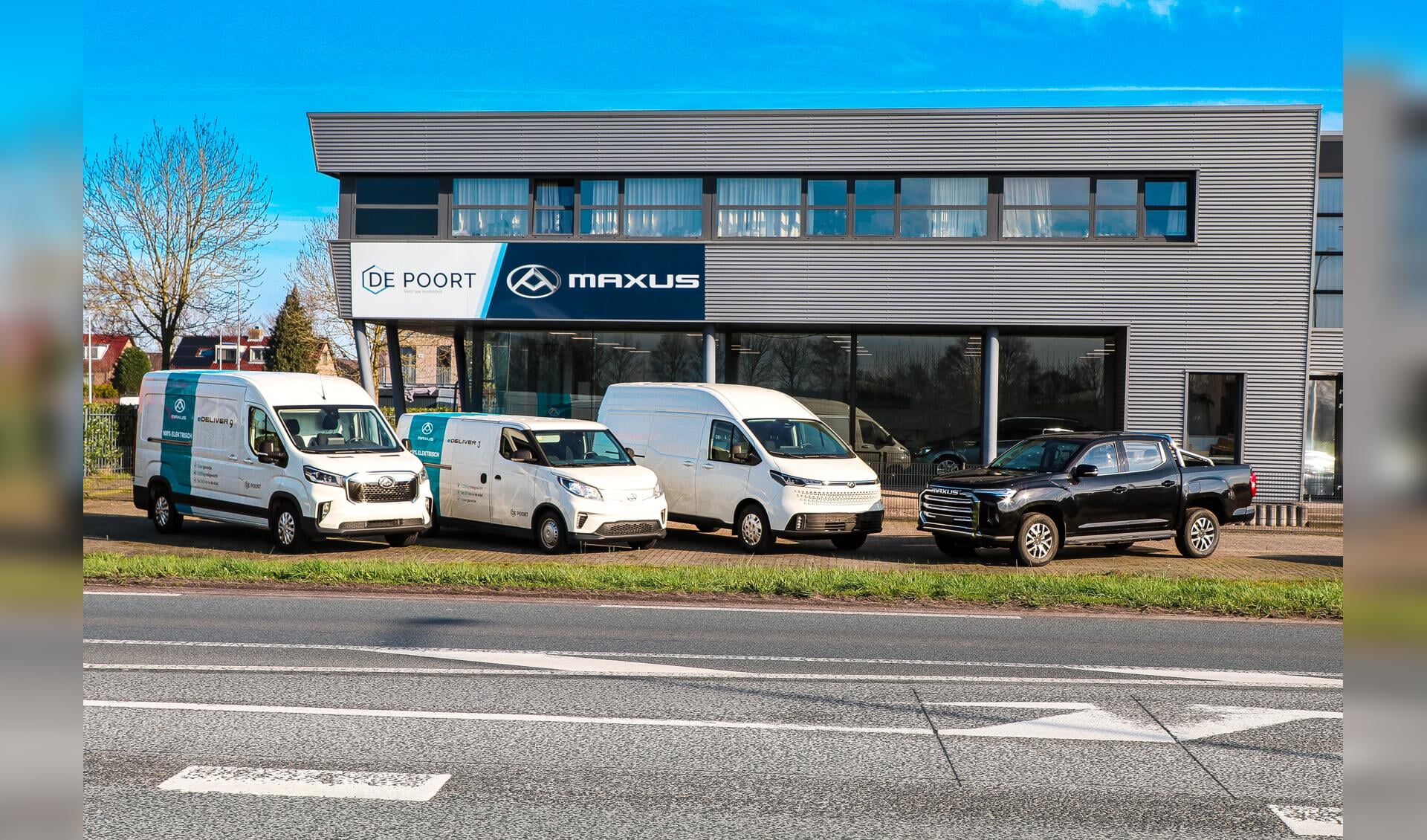De Maxus modellen van Autohuis De Poort v.l.n.r. Maxus eDeliver9, Maxus eDeliver3, Maxus eDeliver7 en Maxus T90 EV.