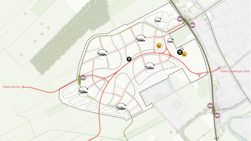 Kaartje uit het Masterplan met de fietsverbindingen, de rode lijn