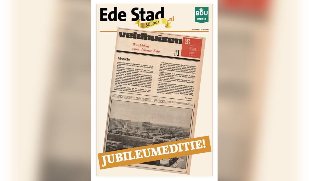 De voorpagina van de jubileumspecial van Ede Stad, die vandaag bij de papieren editie zit.