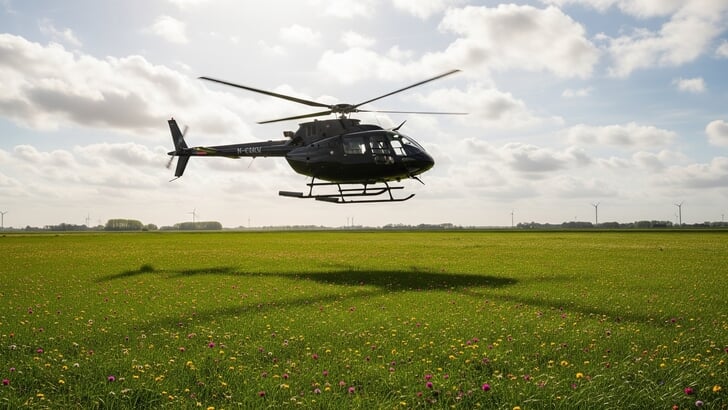Een helikopter landt op een weiland. Foto ter illustratie.