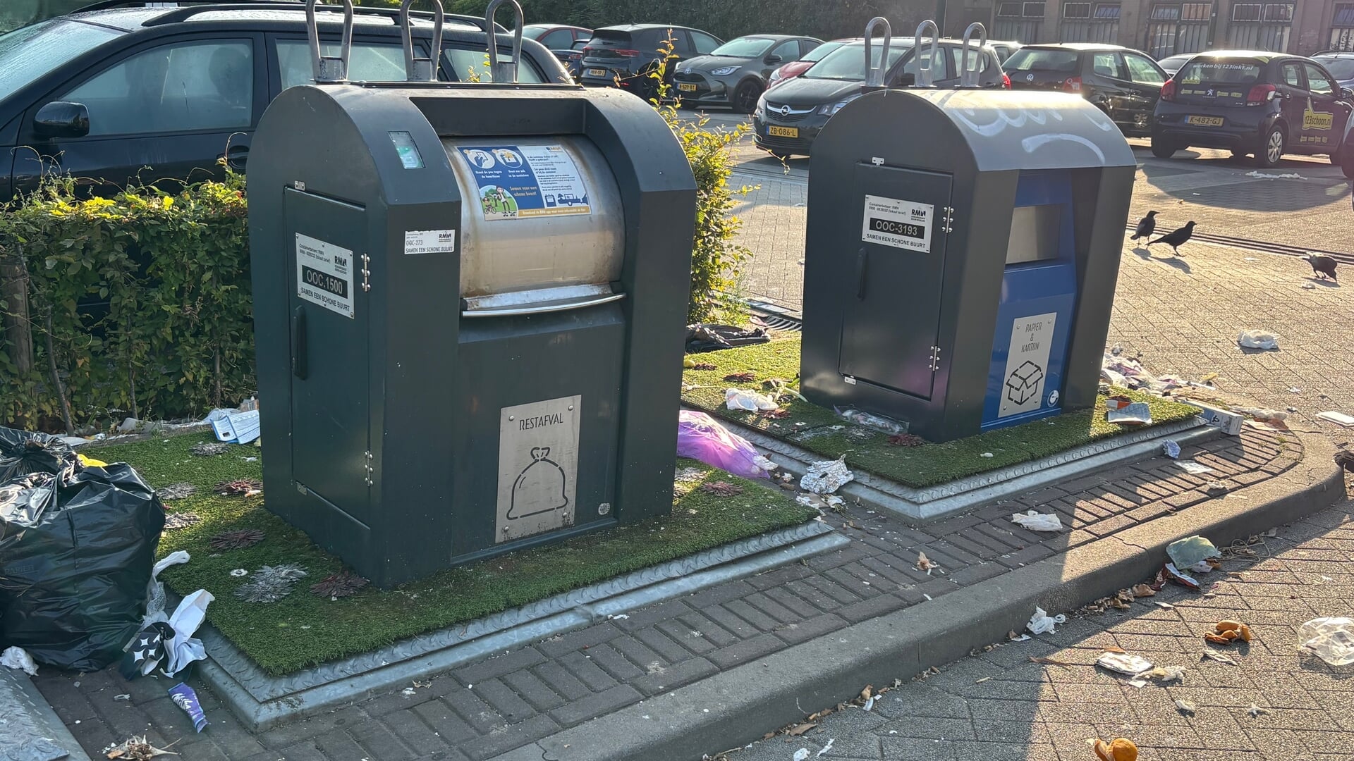 Beeld bij artikel: Vuilnis uit gedropte zakken verspreidt zich over Laanplein in Baarn
