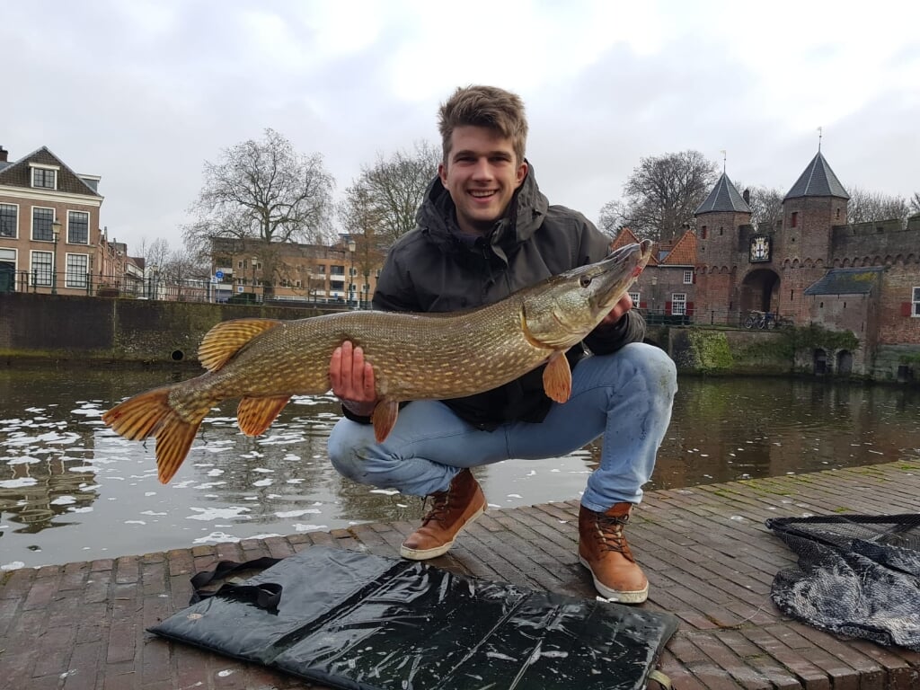 Laurens van Houten (23) uit Ede haalde vorige week een snoek van 1,15 meter uit het Amersfoortse water.
